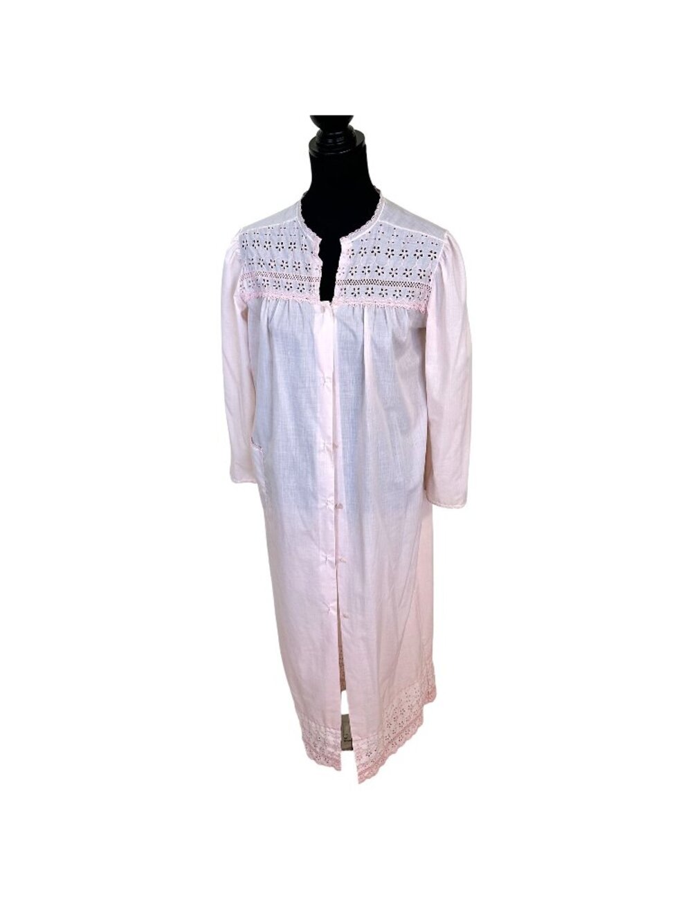 Vtg Barbizon Pink Nightgown House Robe Embroidered Full Button Eyelet Large